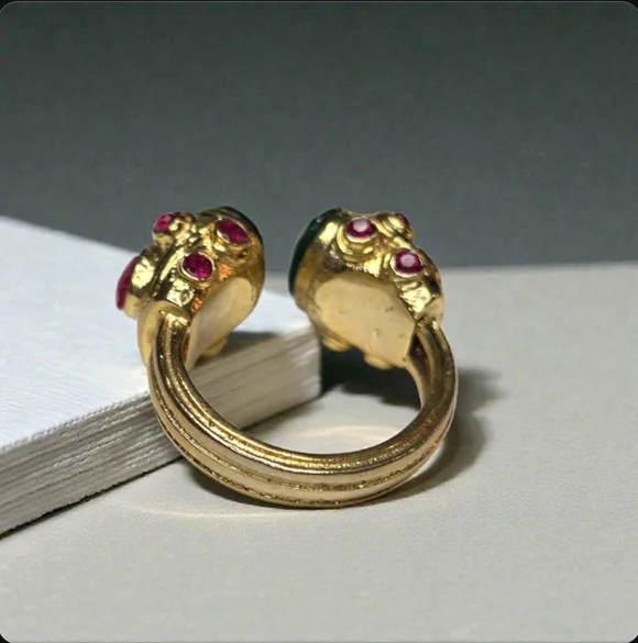 18k Gold Plated Chunky Green Onyx Pink Chalcedony Byzantine Ring - Picture 5 of 7